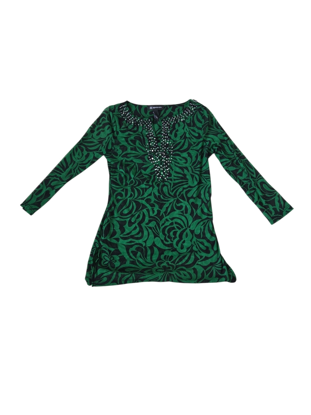 INC International Concepts Green Floral-Print Beaded V-Neck Tunic In EUC